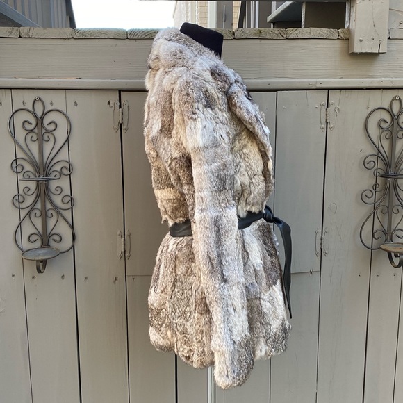 Vintage 70s 80s Rabbit Fur Belted Bomber Coat Jacket - Picture 3 of 8